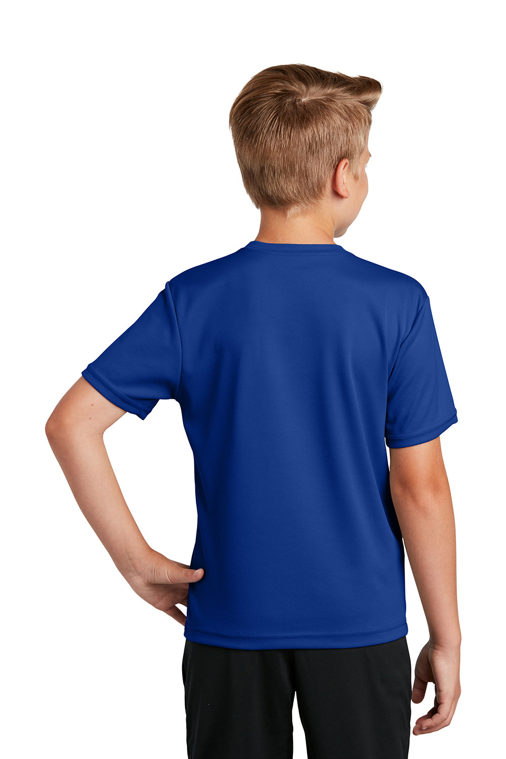 Sport-Tek YST340 Youth RacerMesh Moisture Wicking Short Sleeve Crewneck T-Shirt True Royal Blue Model Back