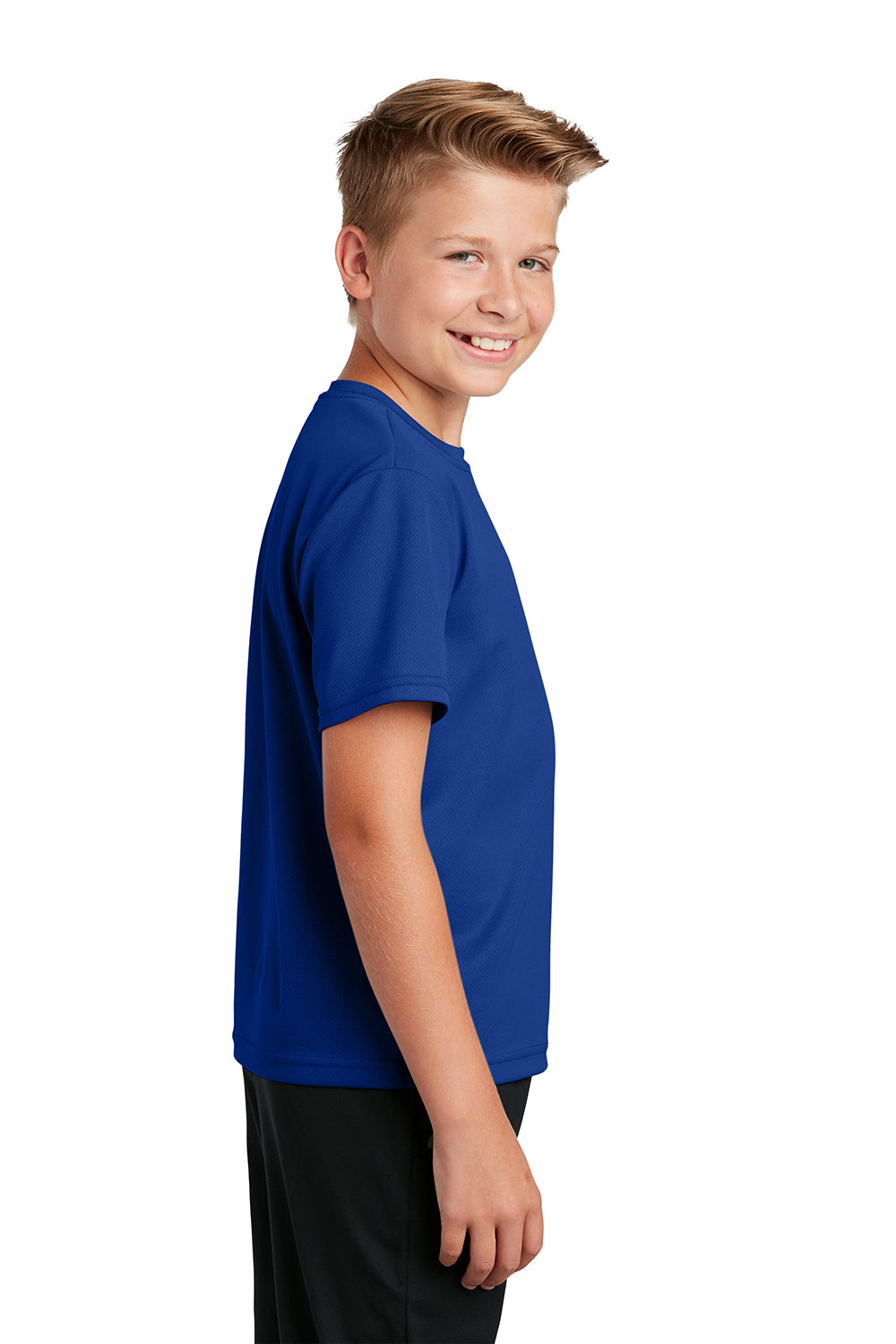 Sport-Tek YST340 Youth RacerMesh Moisture Wicking Short Sleeve Crewneck T-Shirt True Royal Blue Model Side