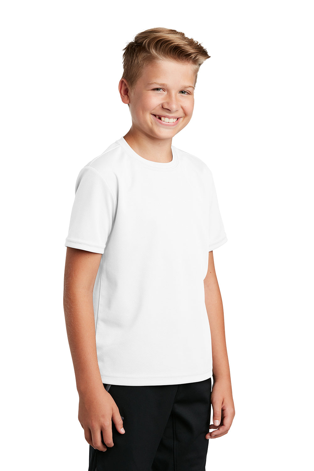 Sport-Tek YST340 Youth RacerMesh Moisture Wicking Short Sleeve Crewneck T-Shirt White Model 3q