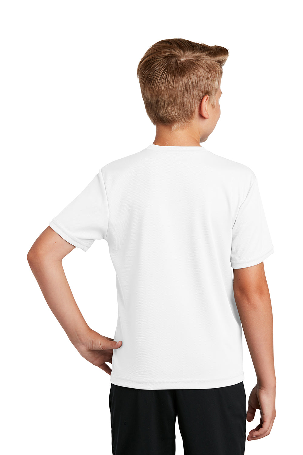 Sport-Tek YST340 Youth RacerMesh Moisture Wicking Short Sleeve Crewneck T-Shirt White Model Back