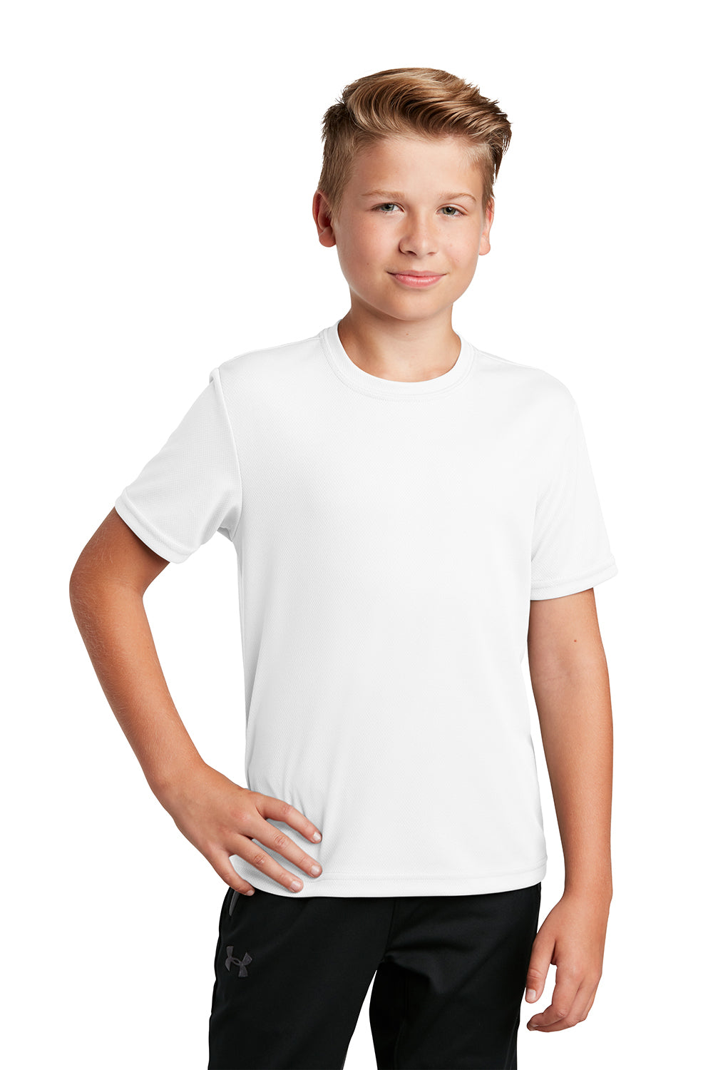 Sport-Tek YST340 Youth RacerMesh Moisture Wicking Short Sleeve Crewneck T-Shirt White Model Front