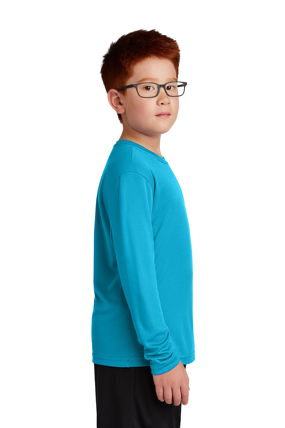 Sport-Tek YST350LS Youth Competitor Moisture Wicking Long Sleeve Crewneck T-Shirt Atomic Blue Model Side