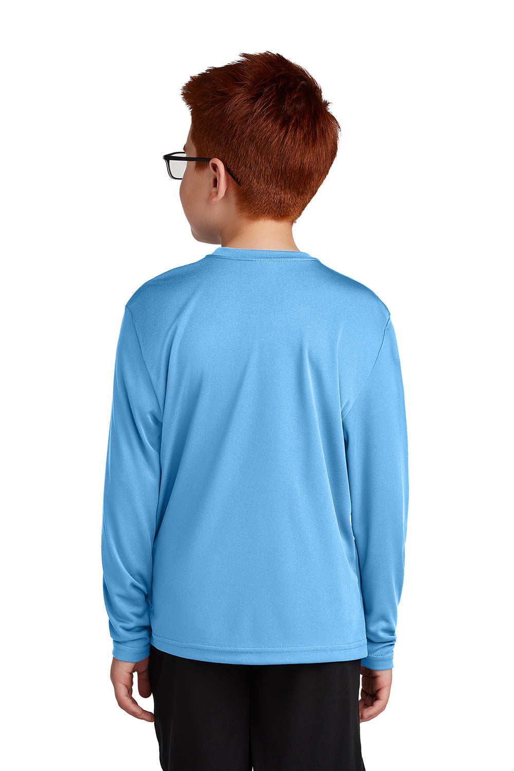 Sport-Tek YST350LS Youth Competitor Moisture Wicking Long Sleeve Crewneck T-Shirt Carolina Blue Model Back