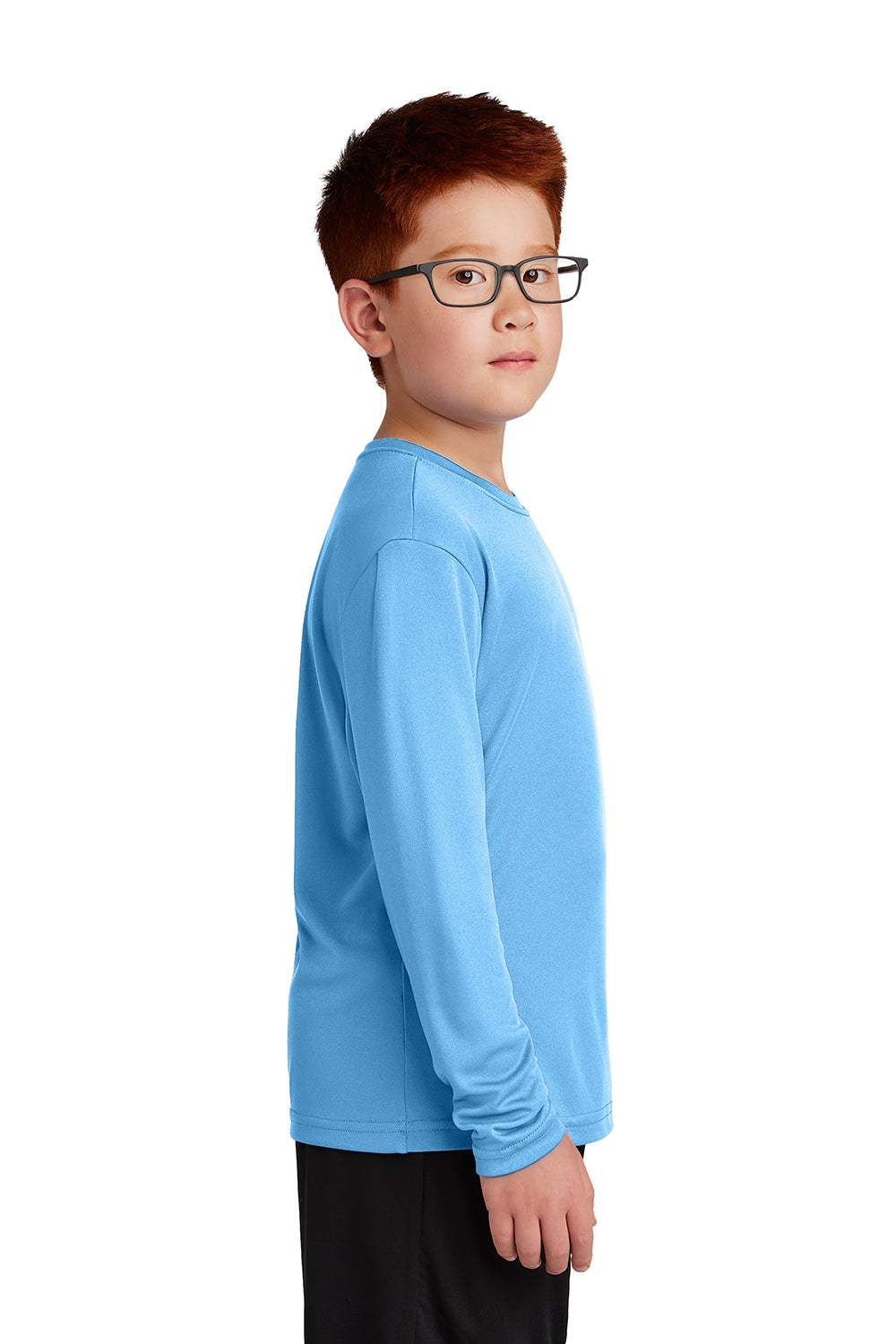 Sport-Tek YST350LS Youth Competitor Moisture Wicking Long Sleeve Crewneck T-Shirt Carolina Blue Model Side