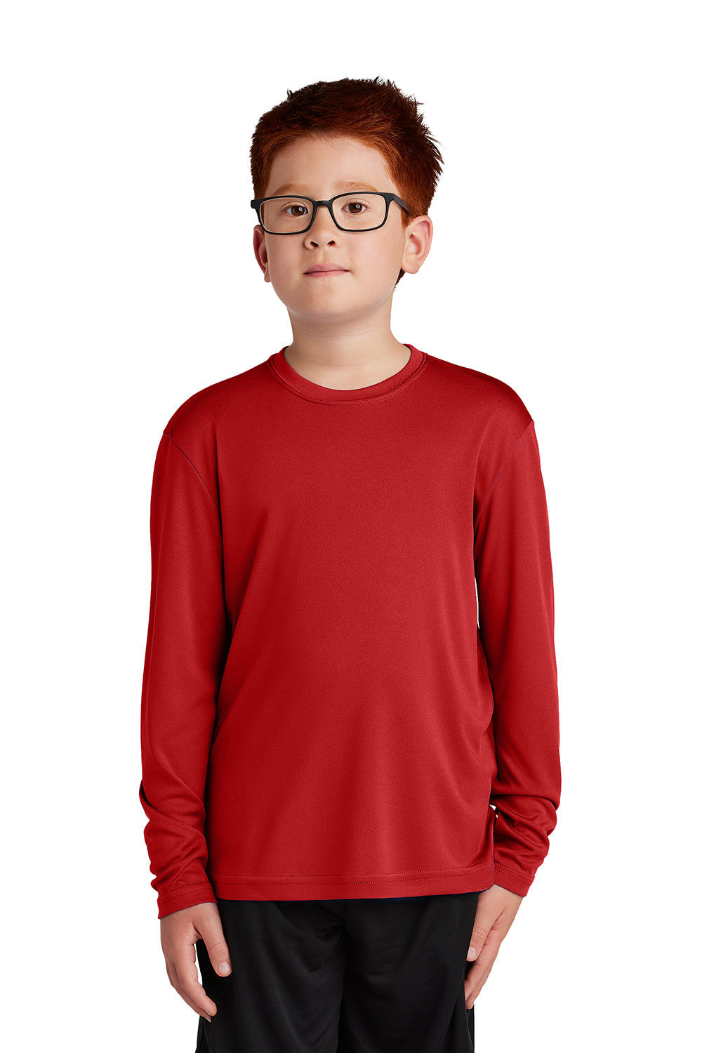 Sport-Tek YST350LS Youth Competitor Moisture Wicking Long Sleeve Crewneck T-Shirt Deep Red Model Front