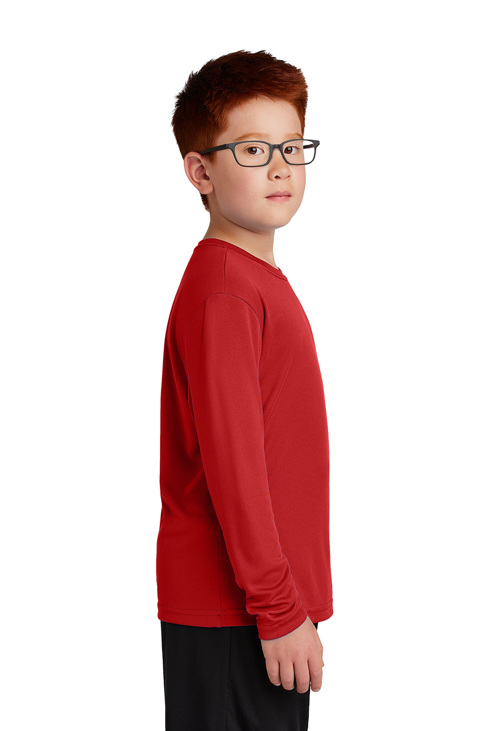 Sport-Tek YST350LS Youth Competitor Moisture Wicking Long Sleeve Crewneck T-Shirt Deep Red Model Side