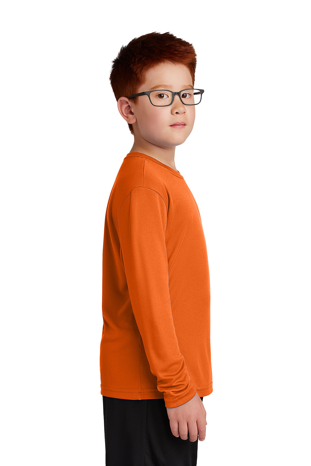 Sport-Tek YST350LS Youth Competitor Moisture Wicking Long Sleeve Crewneck T-Shirt Deep Orange Model Side