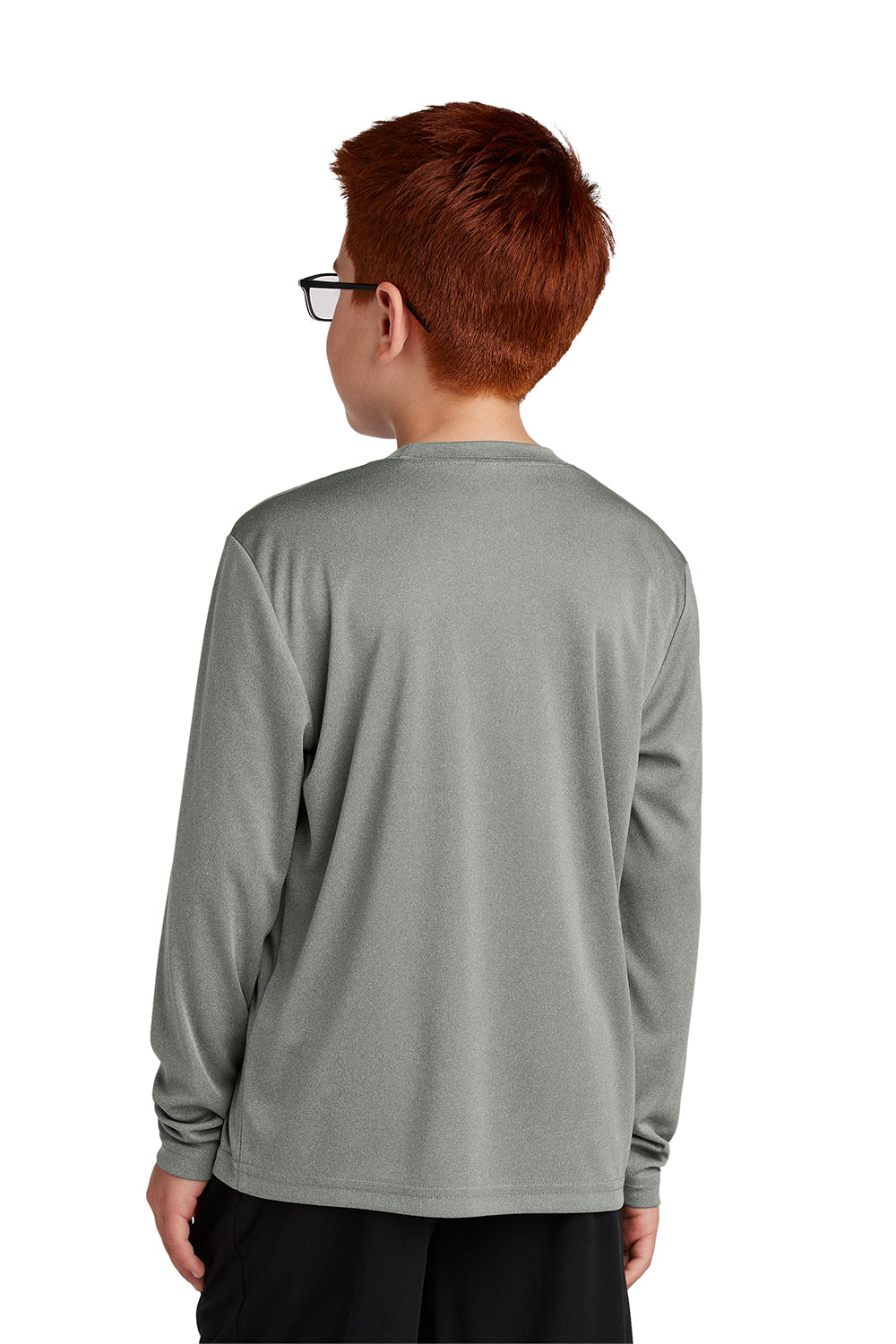 Sport-Tek YST350LS Youth Competitor Moisture Wicking Long Sleeve Crewneck T-Shirt Heather Concrete Grey Model Back