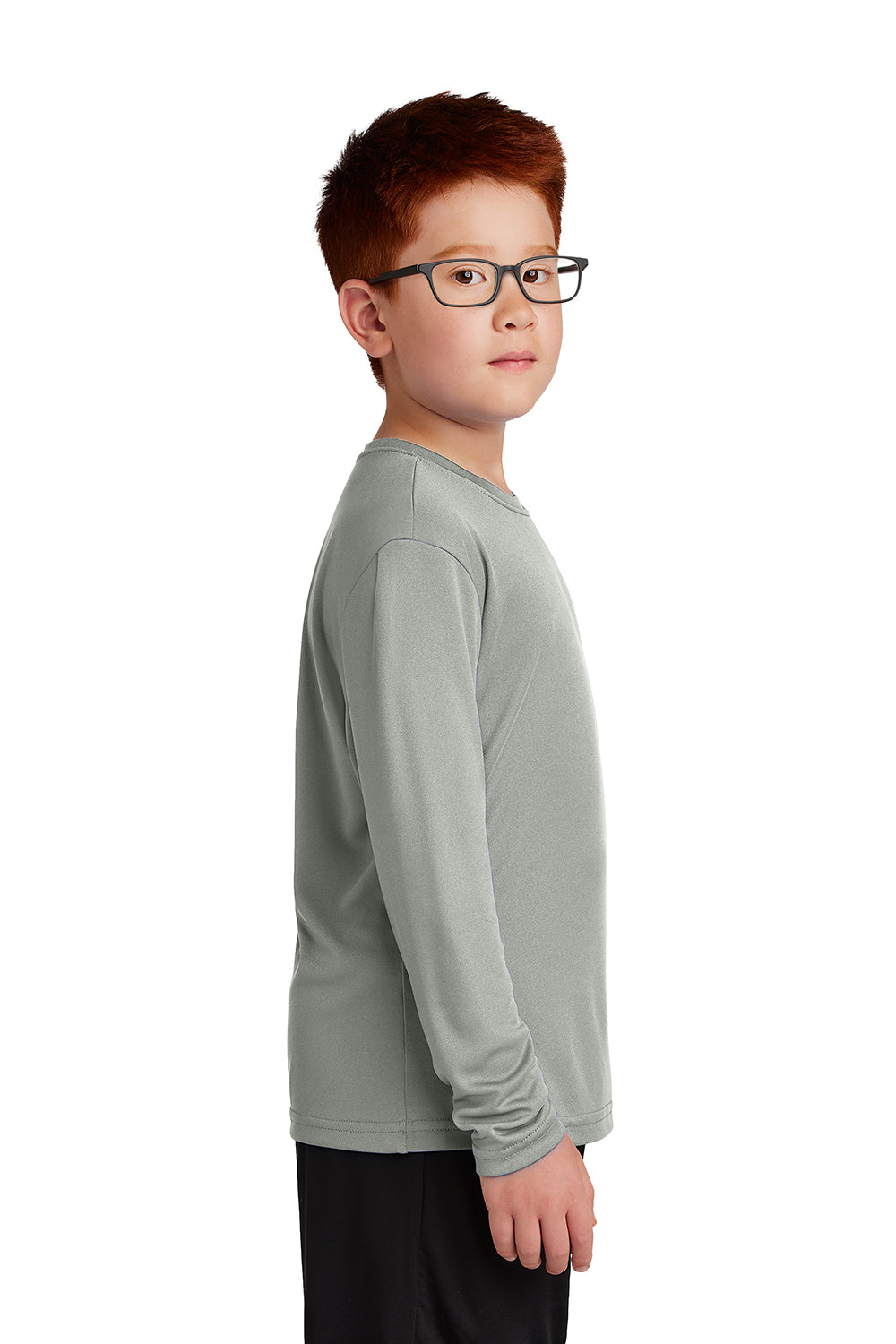 Sport-Tek YST350LS Youth Competitor Moisture Wicking Long Sleeve Crewneck T-Shirt Concrete Grey Model Side