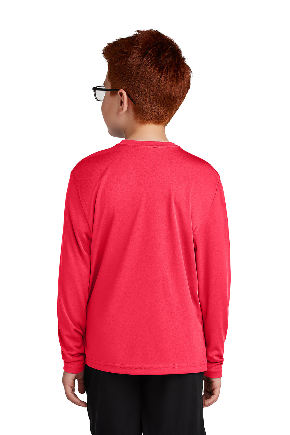 Sport-Tek YST350LS Youth Competitor Moisture Wicking Long Sleeve Crewneck T-Shirt Hot Coral Pink Model Back