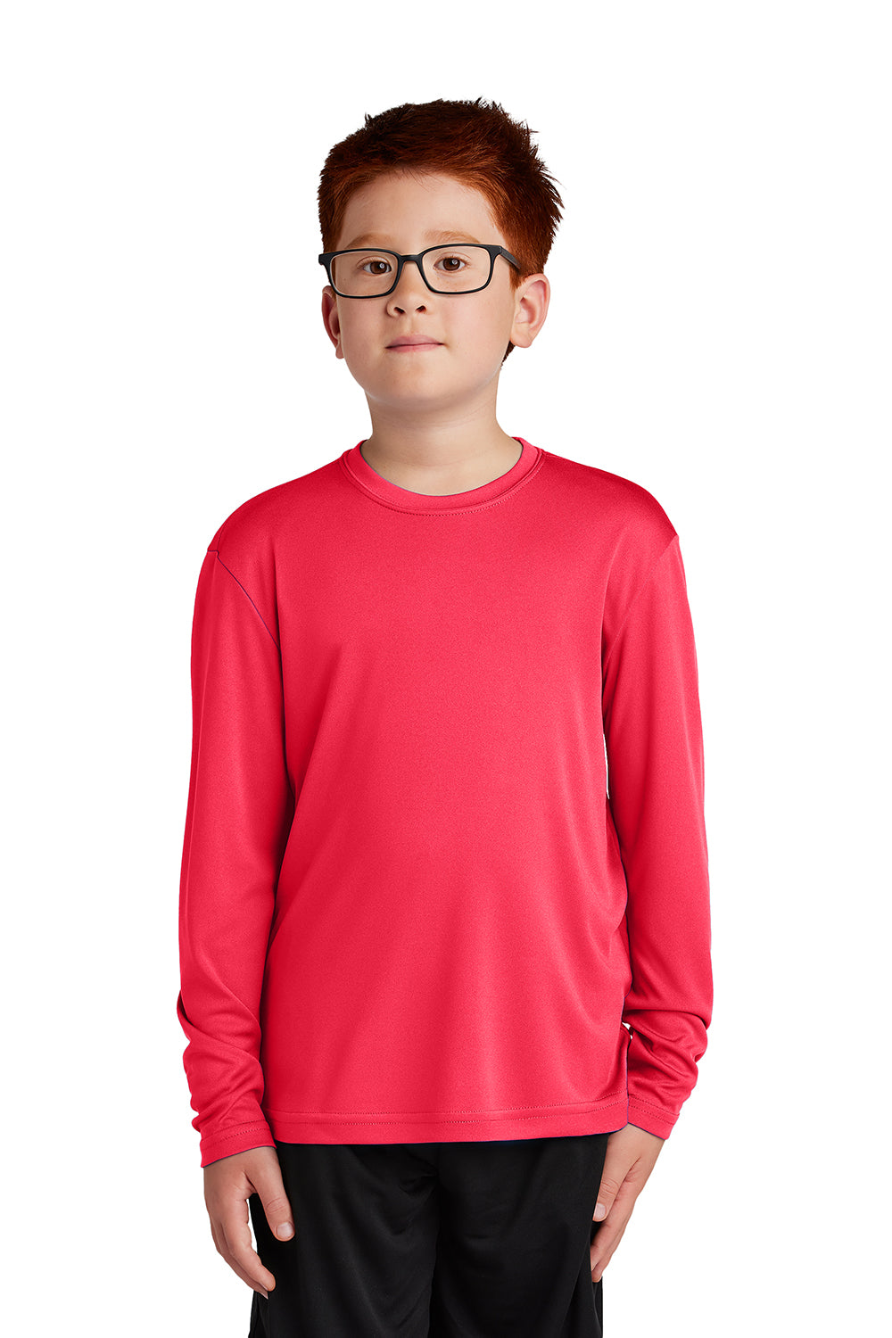 Sport-Tek YST350LS Youth Competitor Moisture Wicking Long Sleeve Crewneck T-Shirt Hot Coral Pink Model Front