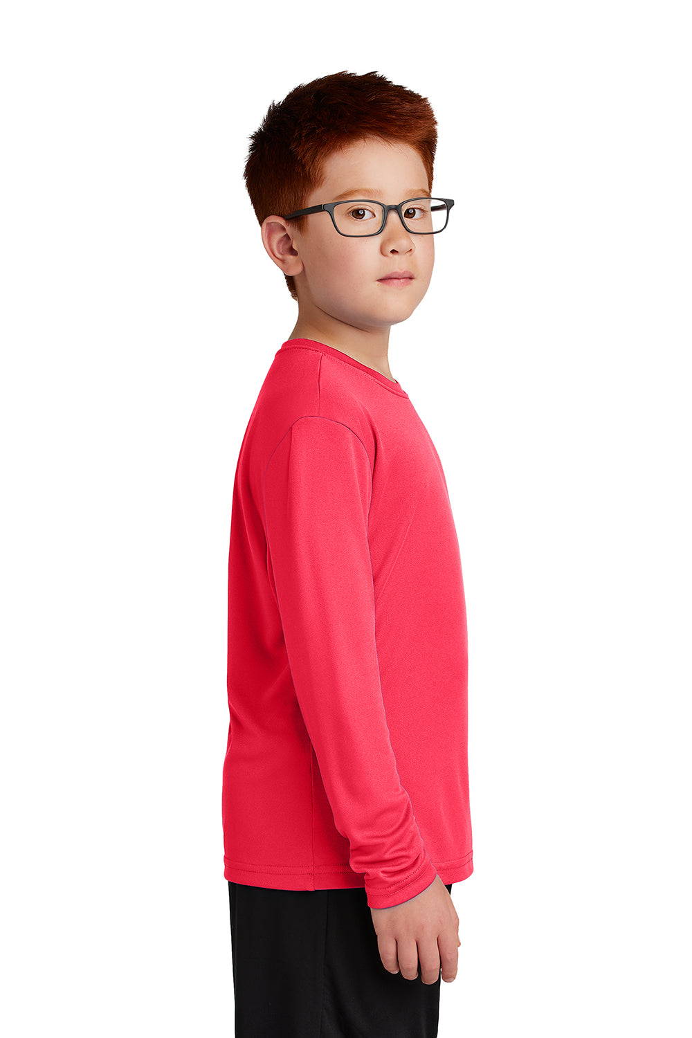 Sport-Tek YST350LS Youth Competitor Moisture Wicking Long Sleeve Crewneck T-Shirt Hot Coral Pink Model Side