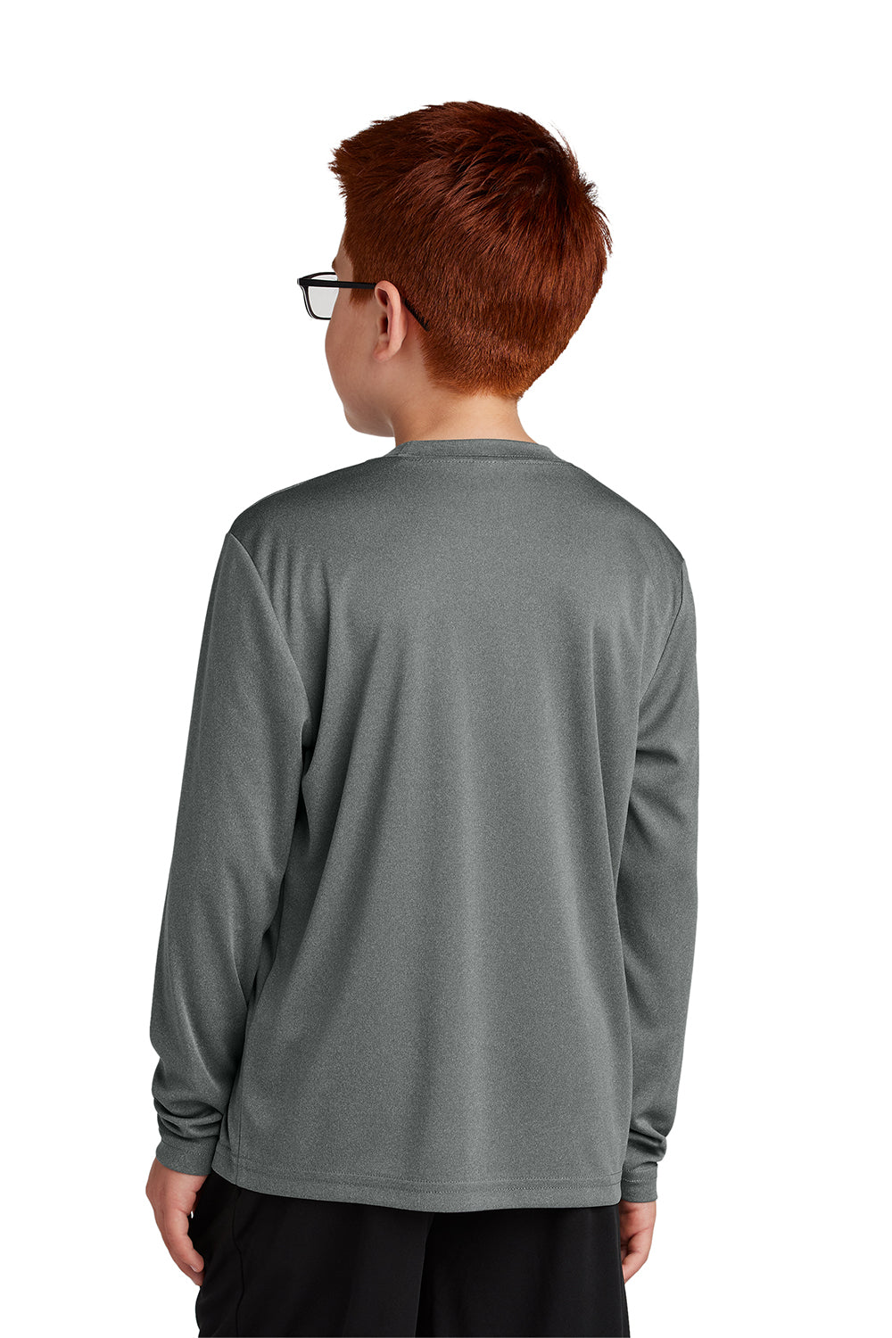 Sport-Tek YST350LS Youth Competitor Moisture Wicking Long Sleeve Crewneck T-Shirt Heather Iron Grey Model Back