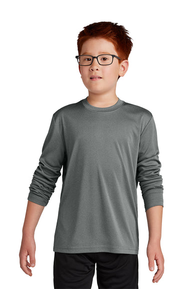 Sport-Tek YST350LS Youth Competitor Moisture Wicking Long Sleeve Crewneck T-Shirt Heather Iron Grey Model Front