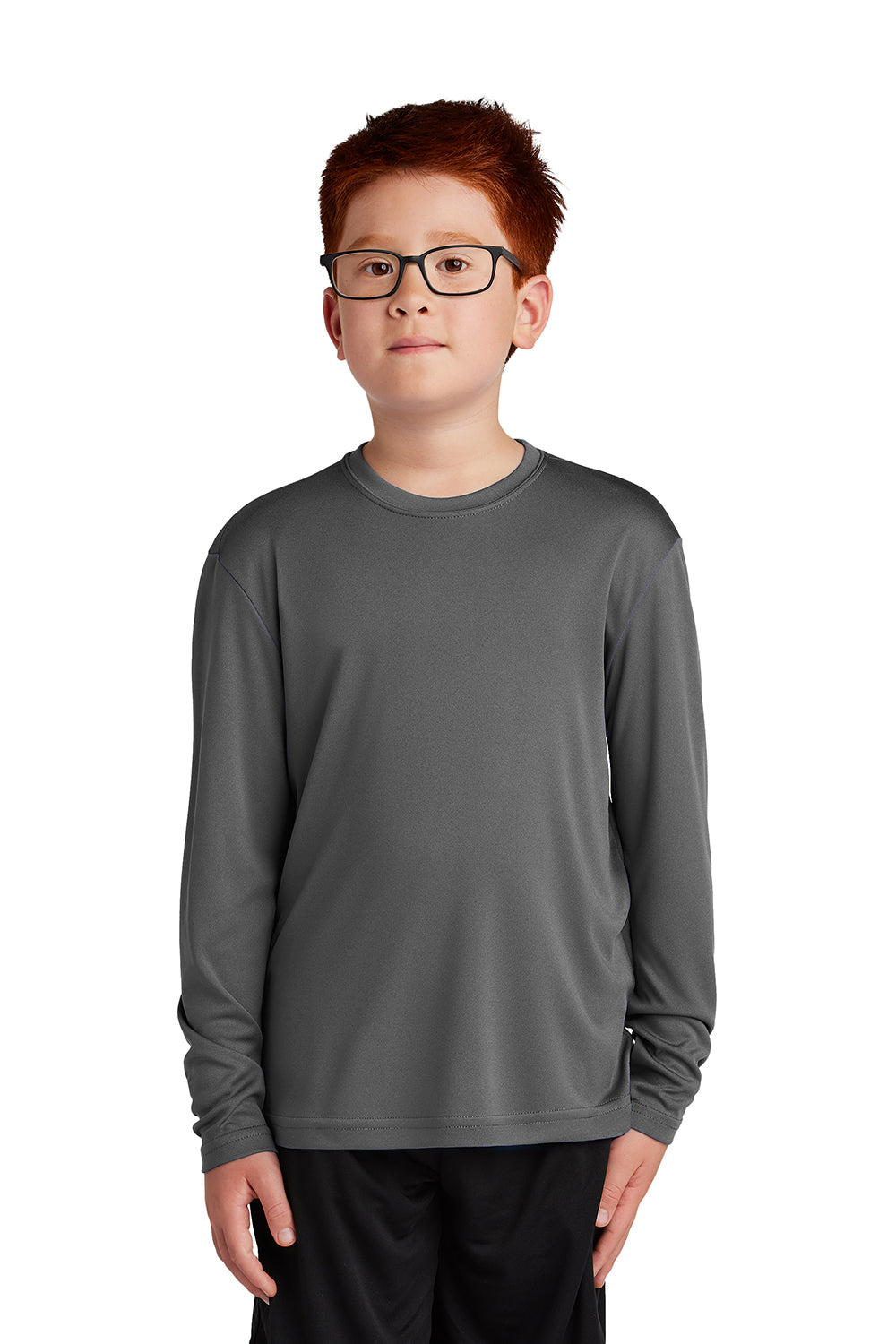 Sport-Tek YST350LS Youth Competitor Moisture Wicking Long Sleeve Crewneck T-Shirt Iron Grey Model Front