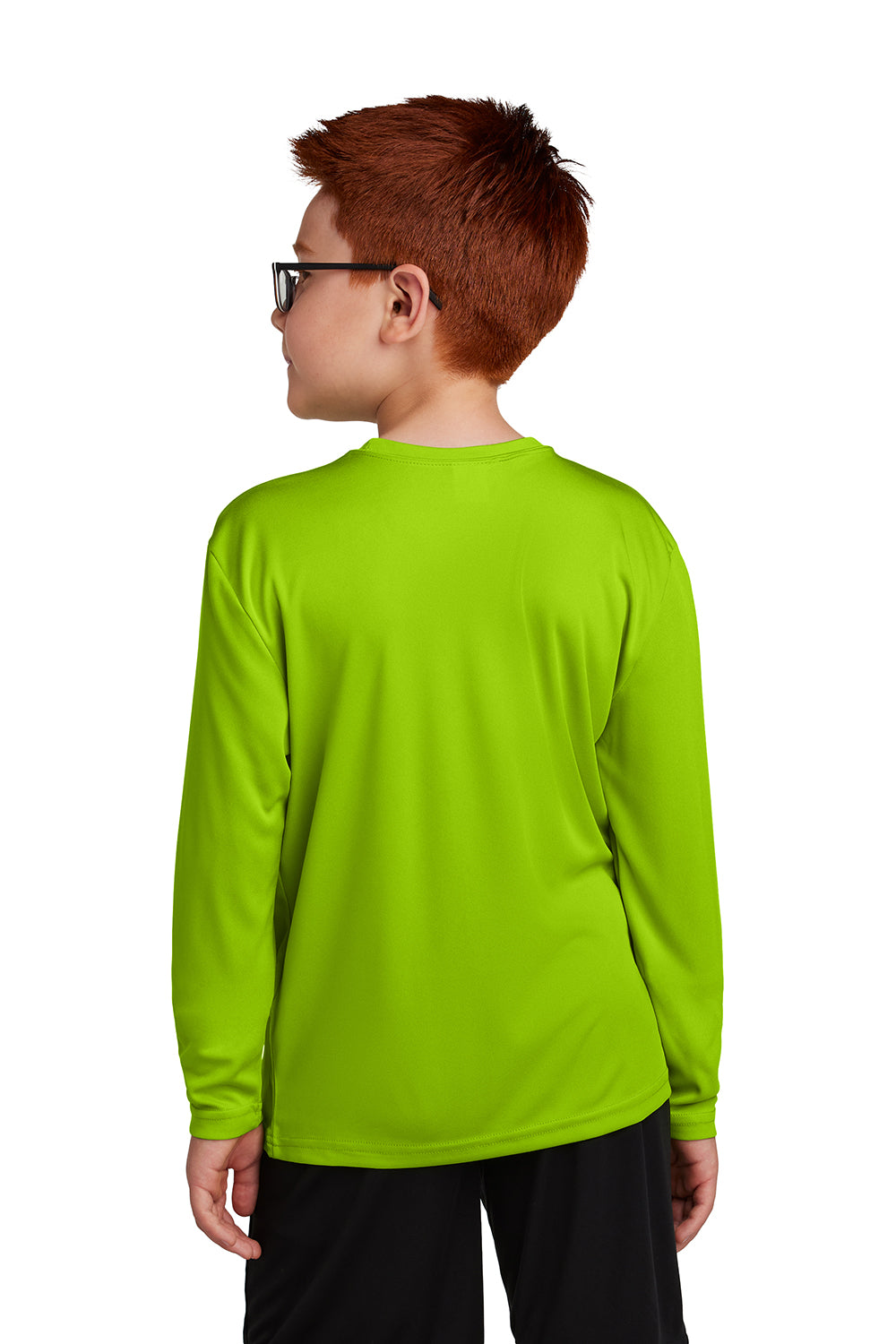 Sport-Tek YST350LS Youth Competitor Moisture Wicking Long Sleeve Crewneck T-Shirt Lime Shock Green Model Back