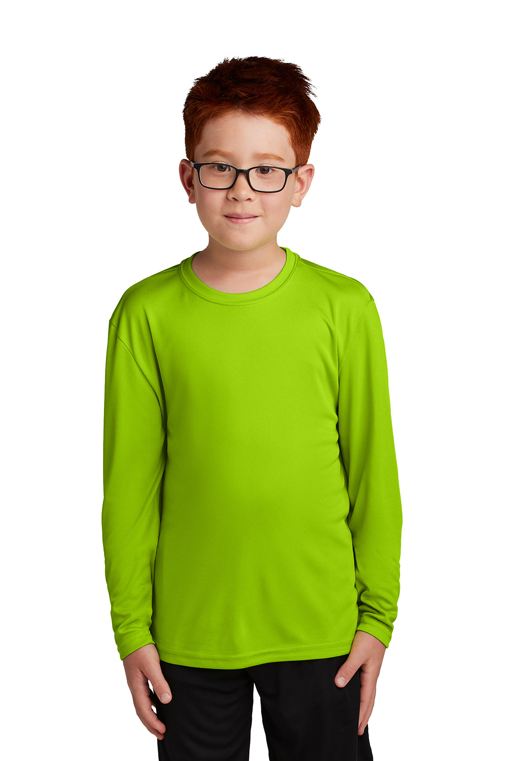 Sport-Tek YST350LS Youth Competitor Moisture Wicking Long Sleeve Crewneck T-Shirt Lime Shock Green Model Front