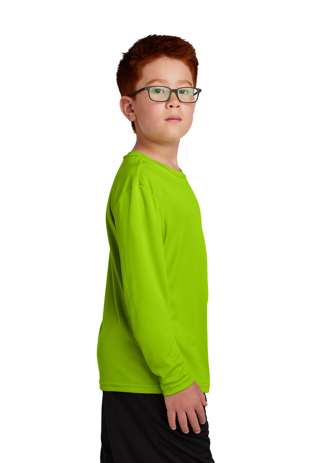 Sport-Tek YST350LS Youth Competitor Moisture Wicking Long Sleeve Crewneck T-Shirt Lime Shock Green Model Side