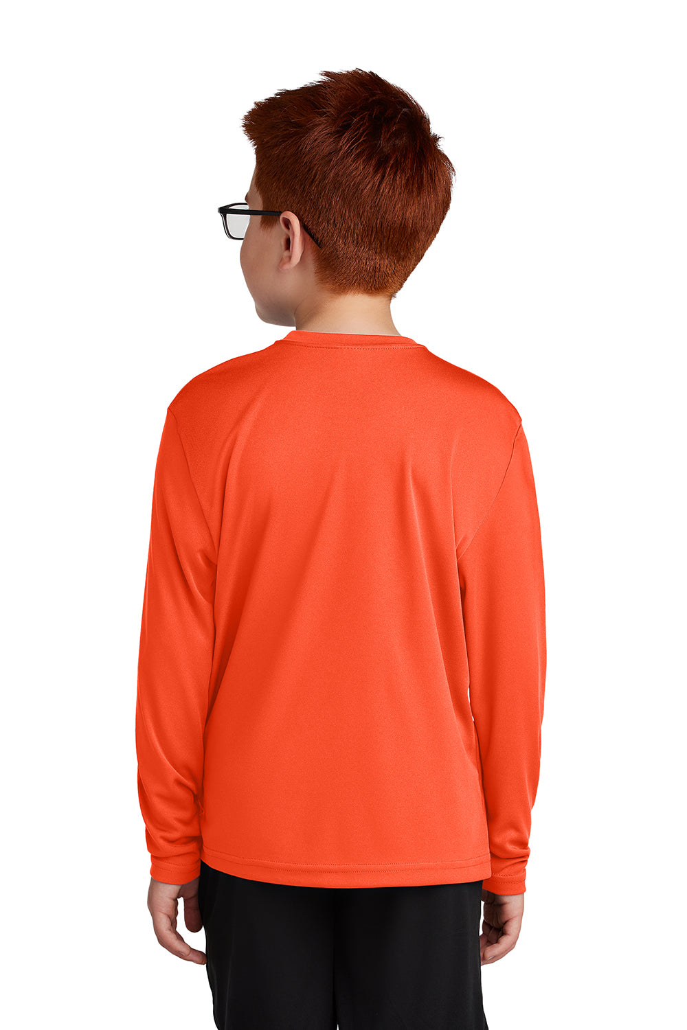 Sport-Tek YST350LS Youth Competitor Moisture Wicking Long Sleeve Crewneck T-Shirt Neon Orange Model Back