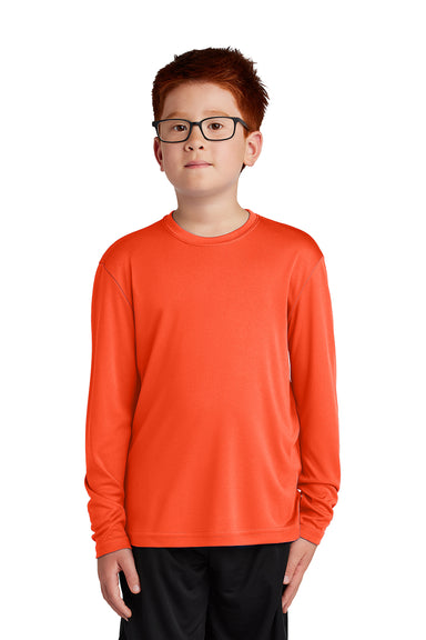 Sport-Tek YST350LS Youth Competitor Moisture Wicking Long Sleeve Crewneck T-Shirt Neon Orange Model Front