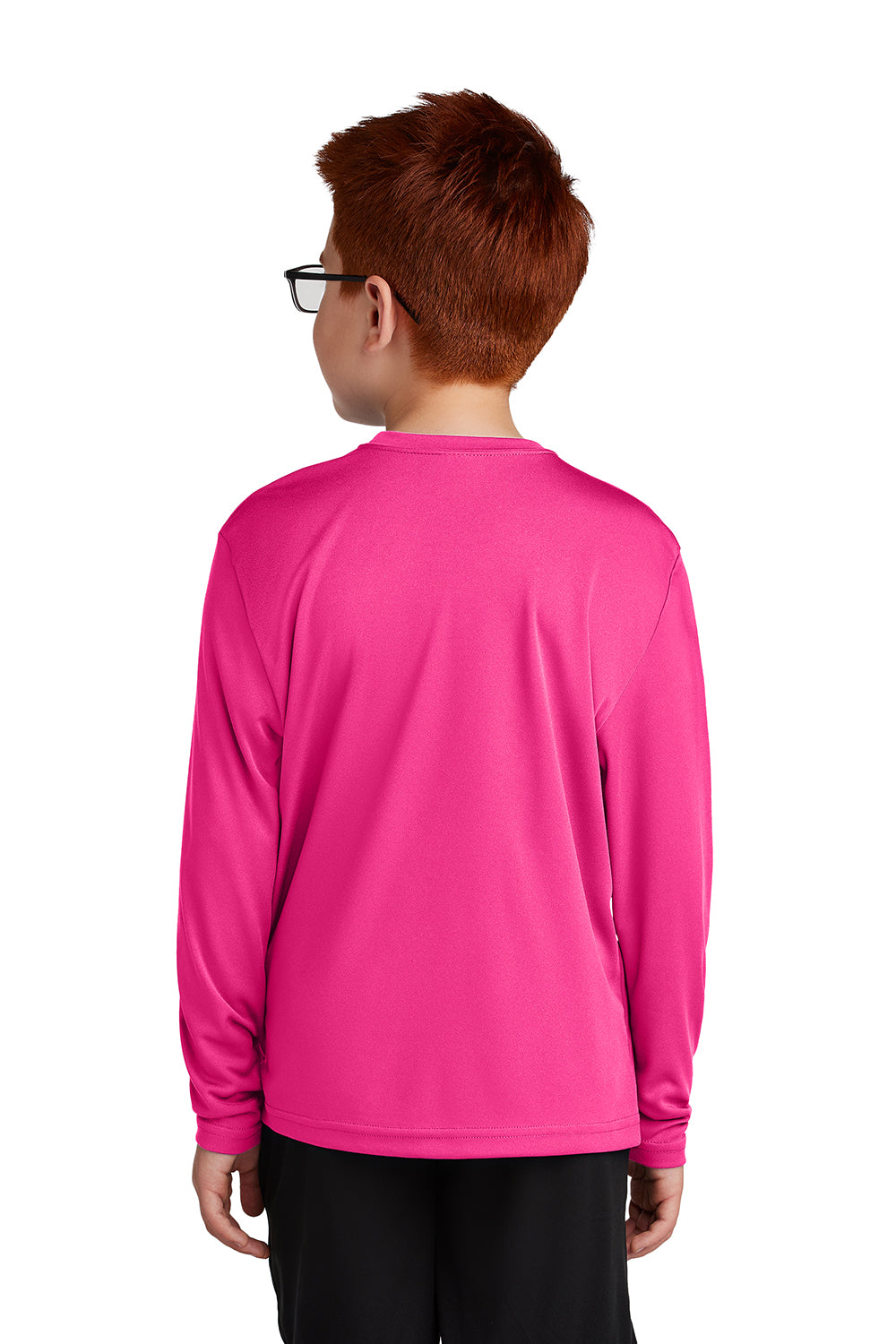 Sport-Tek YST350LS Youth Competitor Moisture Wicking Long Sleeve Crewneck T-Shirt Neon Pink Model Back