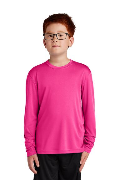 Sport-Tek YST350LS Youth Competitor Moisture Wicking Long Sleeve Crewneck T-Shirt Neon Pink Model Front