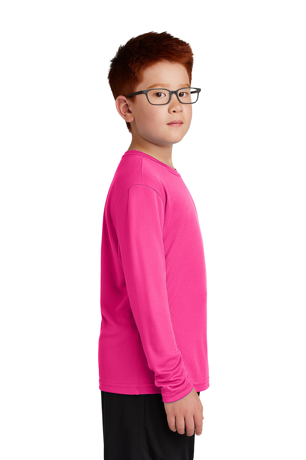 Sport-Tek YST350LS Youth Competitor Moisture Wicking Long Sleeve Crewneck T-Shirt Neon Pink Model Side