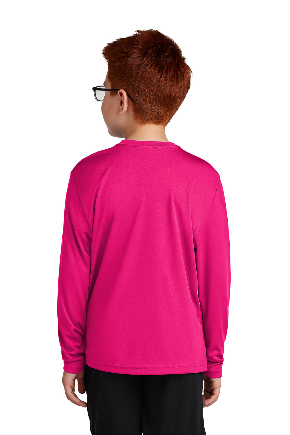 Sport-Tek YST350LS Youth Competitor Moisture Wicking Long Sleeve Crewneck T-Shirt Raspberry Pink Model Back