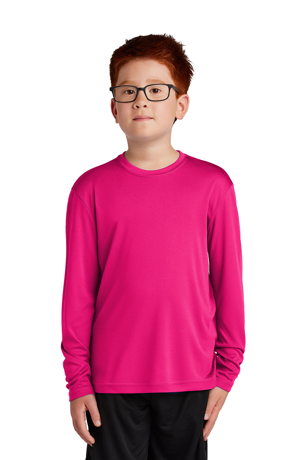 Sport-Tek YST350LS Youth Competitor Moisture Wicking Long Sleeve Crewneck T-Shirt Raspberry Pink Model Front