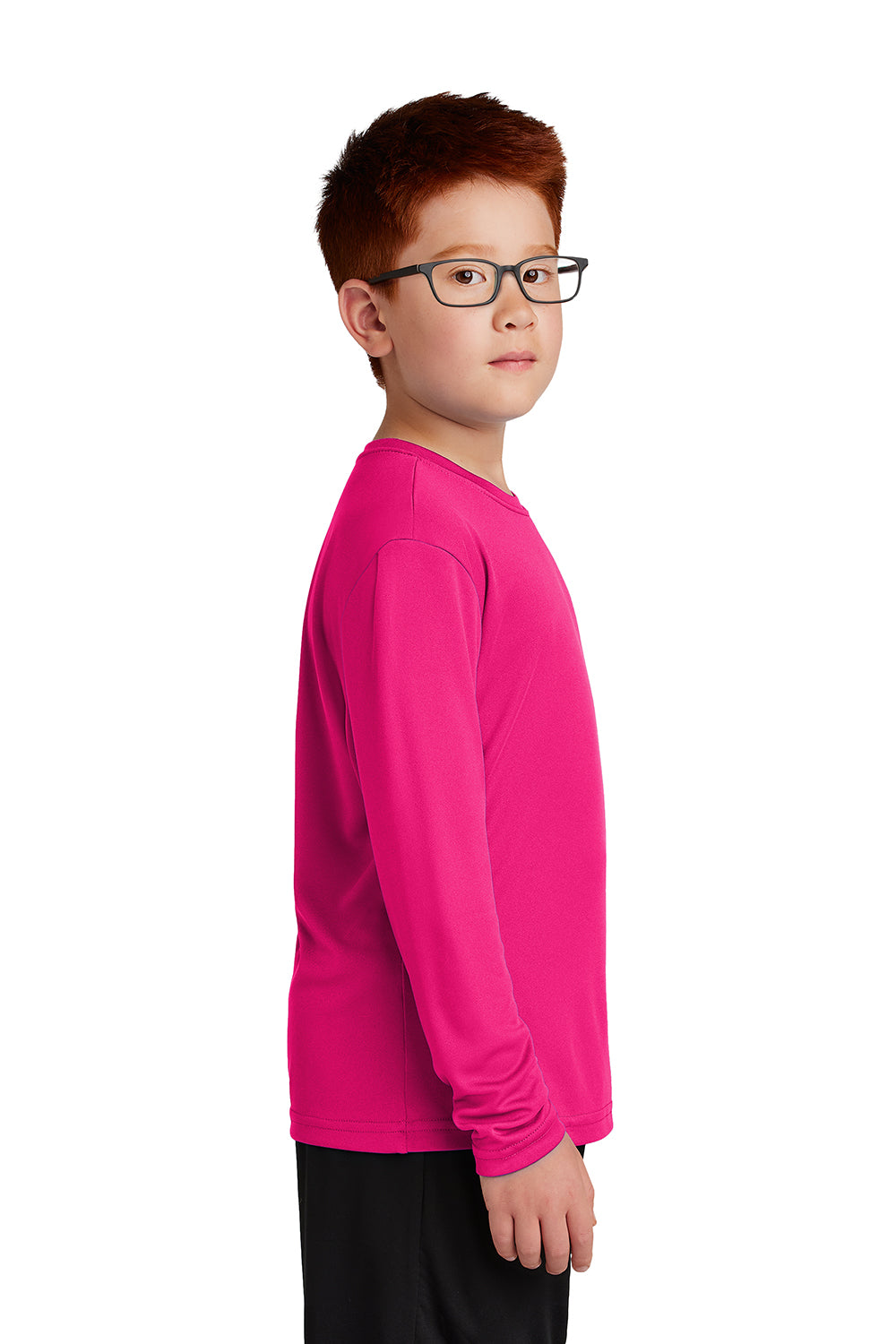 Sport-Tek YST350LS Youth Competitor Moisture Wicking Long Sleeve Crewneck T-Shirt Raspberry Pink Model Side