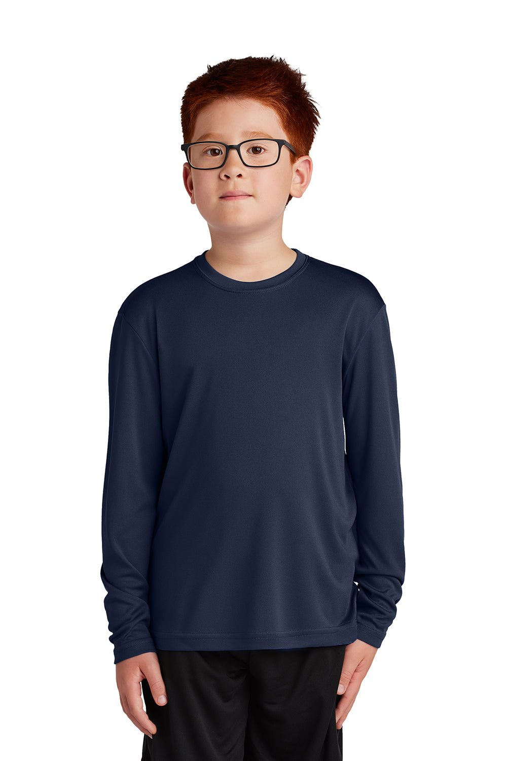 Sport-Tek YST350LS Youth Competitor Moisture Wicking Long Sleeve Crewneck T-Shirt True Navy Blue Model Front