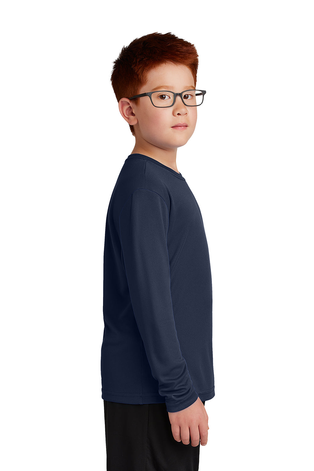 Sport-Tek YST350LS Youth Competitor Moisture Wicking Long Sleeve Crewneck T-Shirt True Navy Blue Model Side