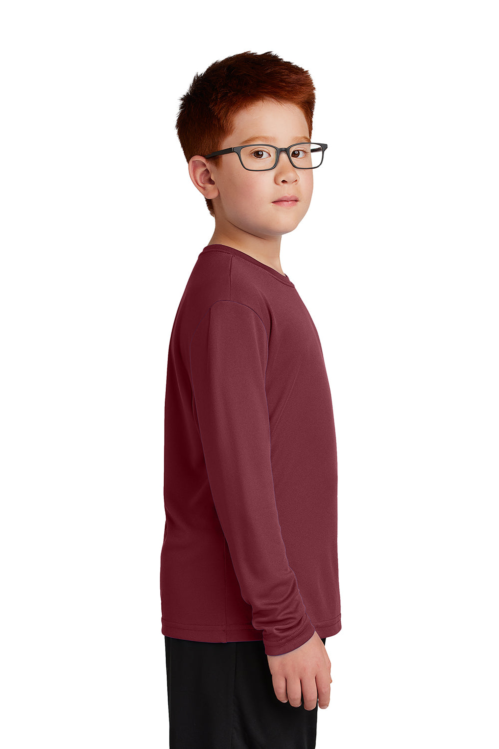 Sport-Tek YST350LS Youth Competitor Moisture Wicking Long Sleeve Crewneck T-Shirt Maroon Model Side