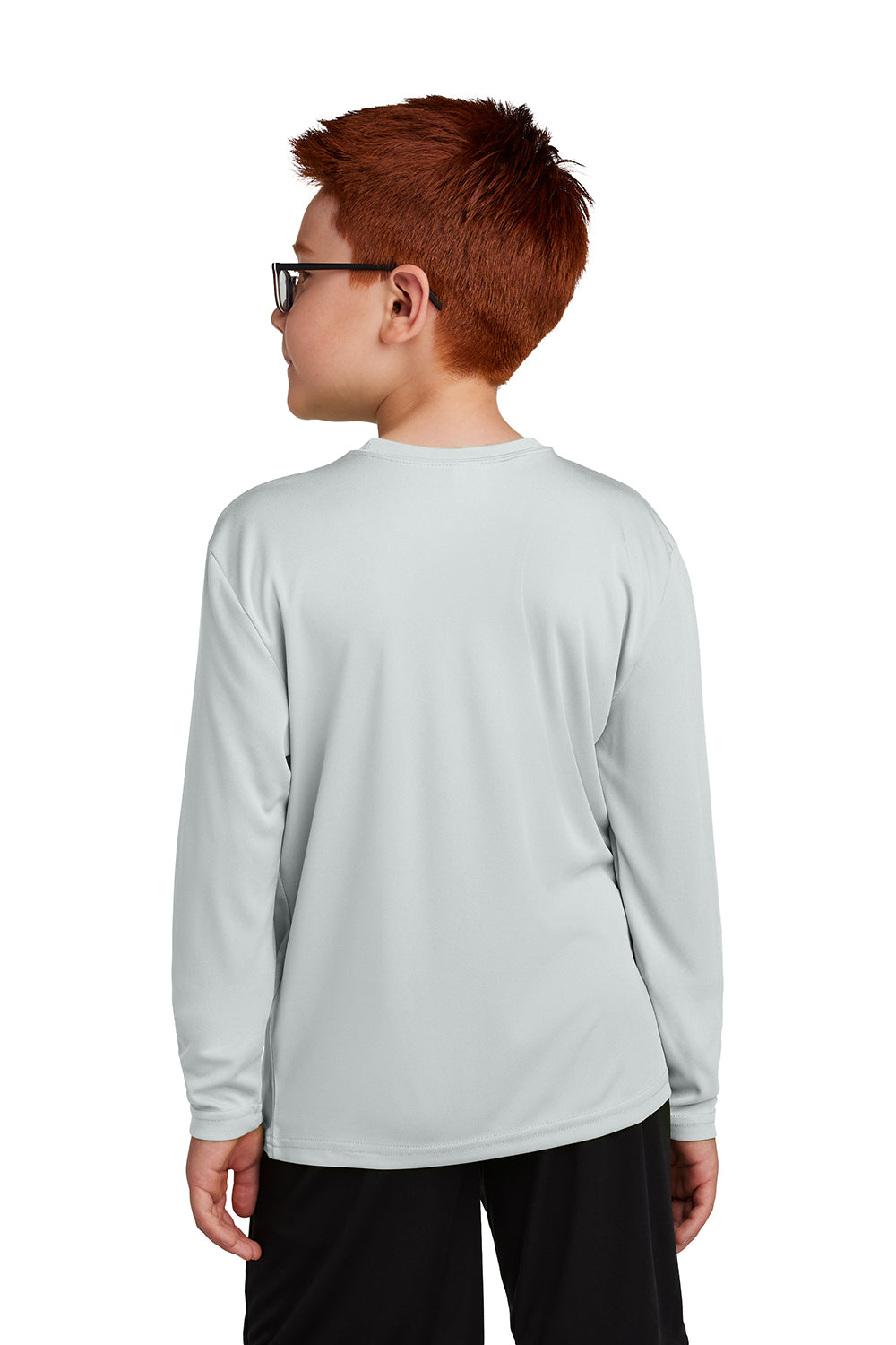 Sport-Tek YST350LS Youth Competitor Moisture Wicking Long Sleeve Crewneck T-Shirt Silver Grey Model Back