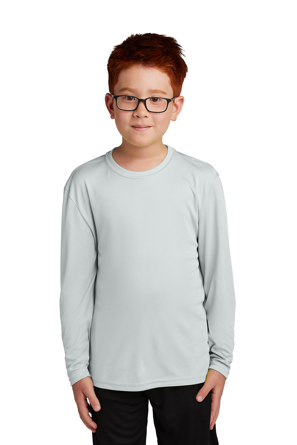 Sport-Tek YST350LS Youth Competitor Moisture Wicking Long Sleeve Crewneck T-Shirt Silver Grey Model Front