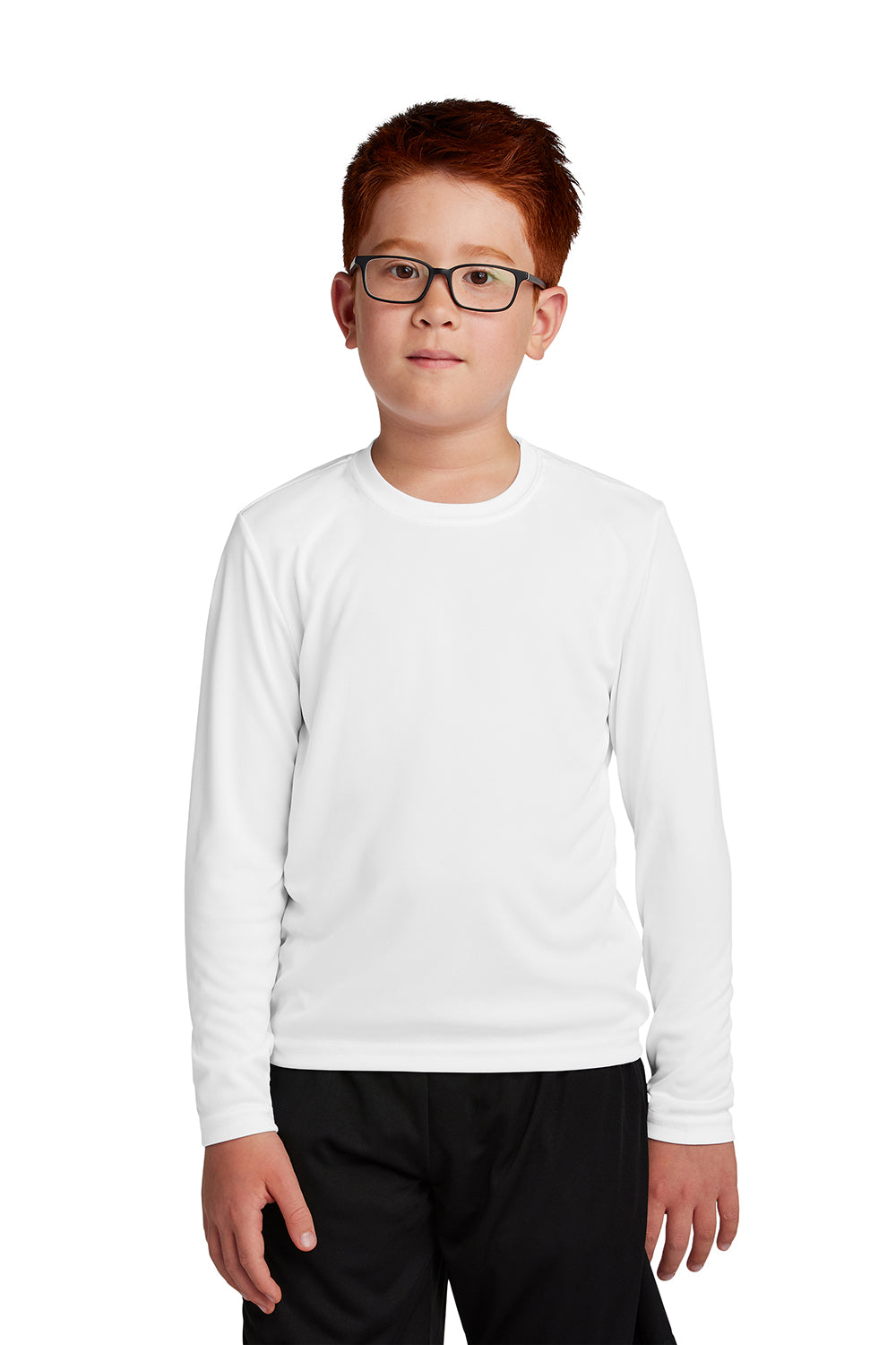 Sport-Tek YST350LS Youth Competitor Moisture Wicking Long Sleeve Crewneck T-Shirt White Model Front