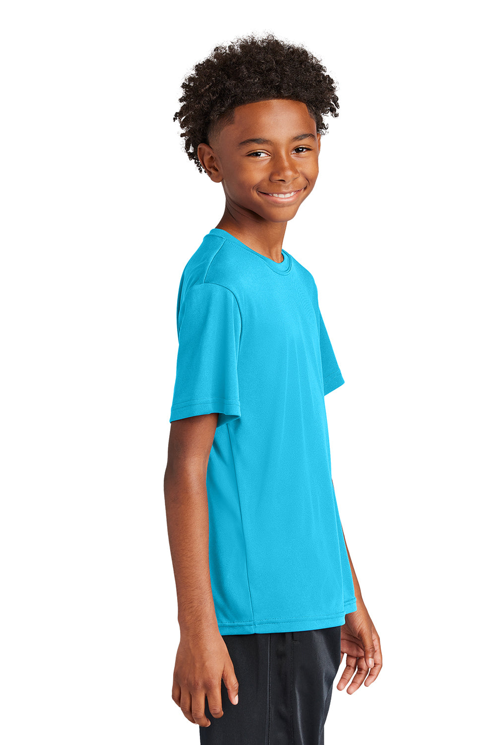 Sport-Tek YST350 Youth Competitor Moisture Wicking Short Sleeve Crewneck T-Shirt Atomic Blue Model Side