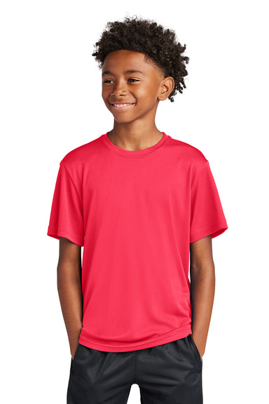 Sport-Tek YST350 Youth Competitor Moisture Wicking Short Sleeve Crewneck T-Shirt Hot Coral Pink Model Front