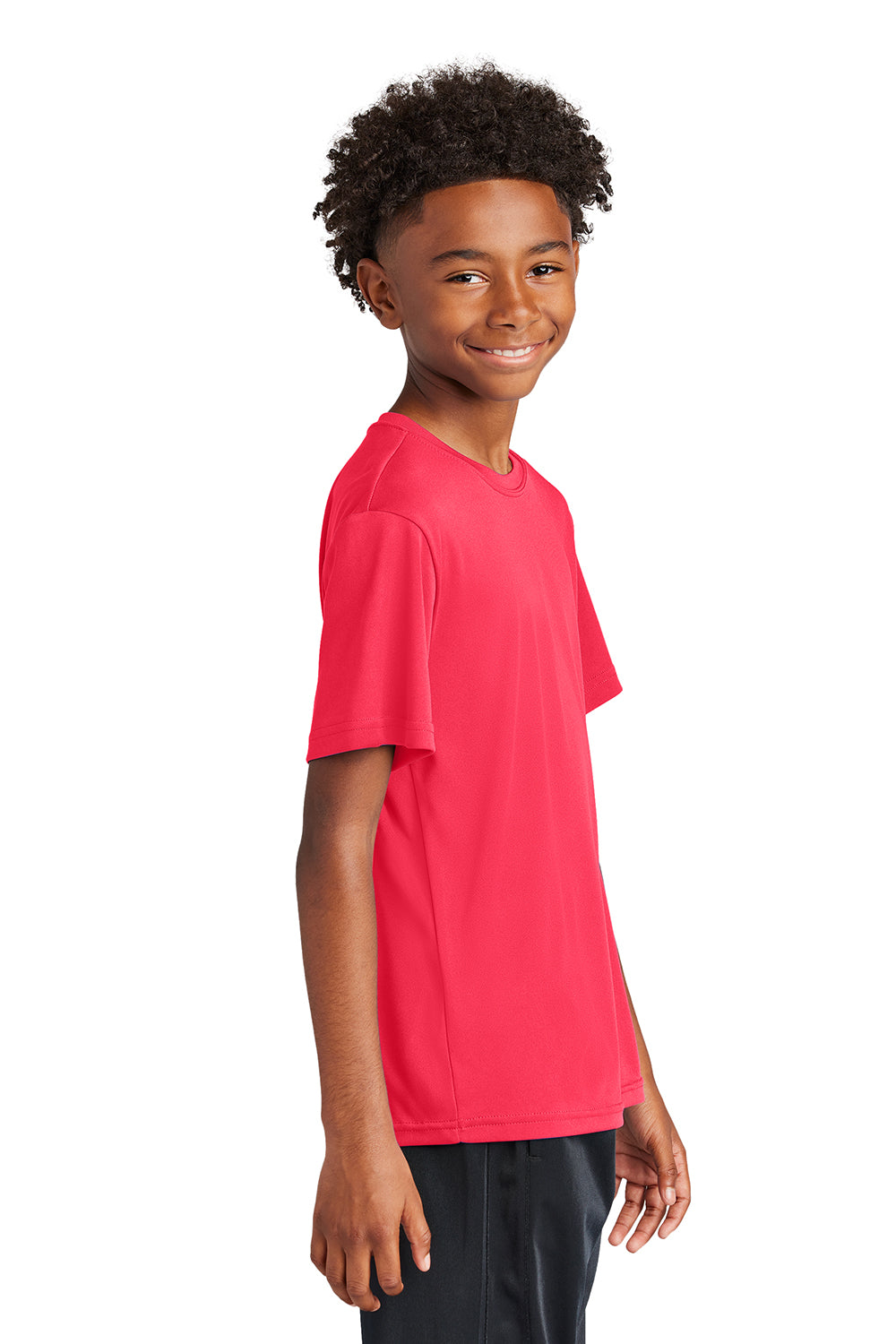 Sport-Tek YST350 Youth Competitor Moisture Wicking Short Sleeve Crewneck T-Shirt Hot Coral Pink Model Side