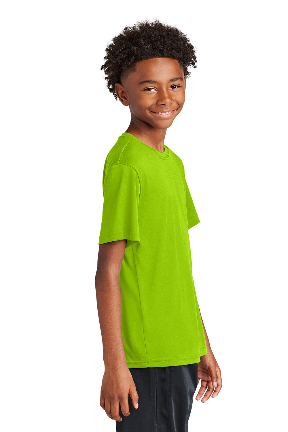 Sport-Tek YST350 Youth Competitor Moisture Wicking Short Sleeve Crewneck T-Shirt Lime Shock Green Model Side