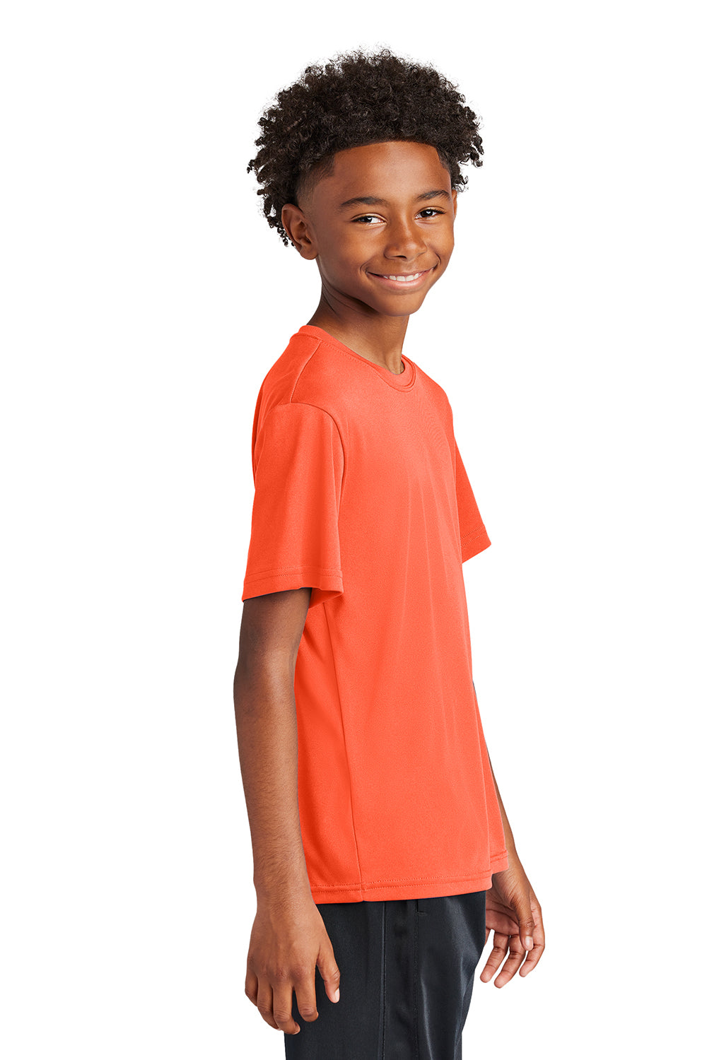 Sport-Tek YST350 Youth Competitor Moisture Wicking Short Sleeve Crewneck T-Shirt Neon Orange Model Side