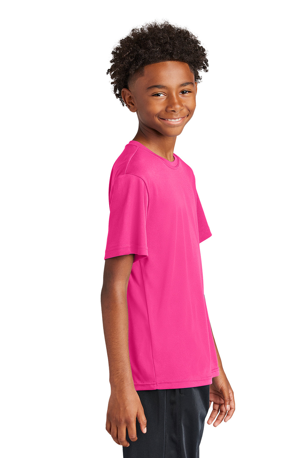 Sport-Tek YST350 Youth Competitor Moisture Wicking Short Sleeve Crewneck T-Shirt Neon Pink Model Side