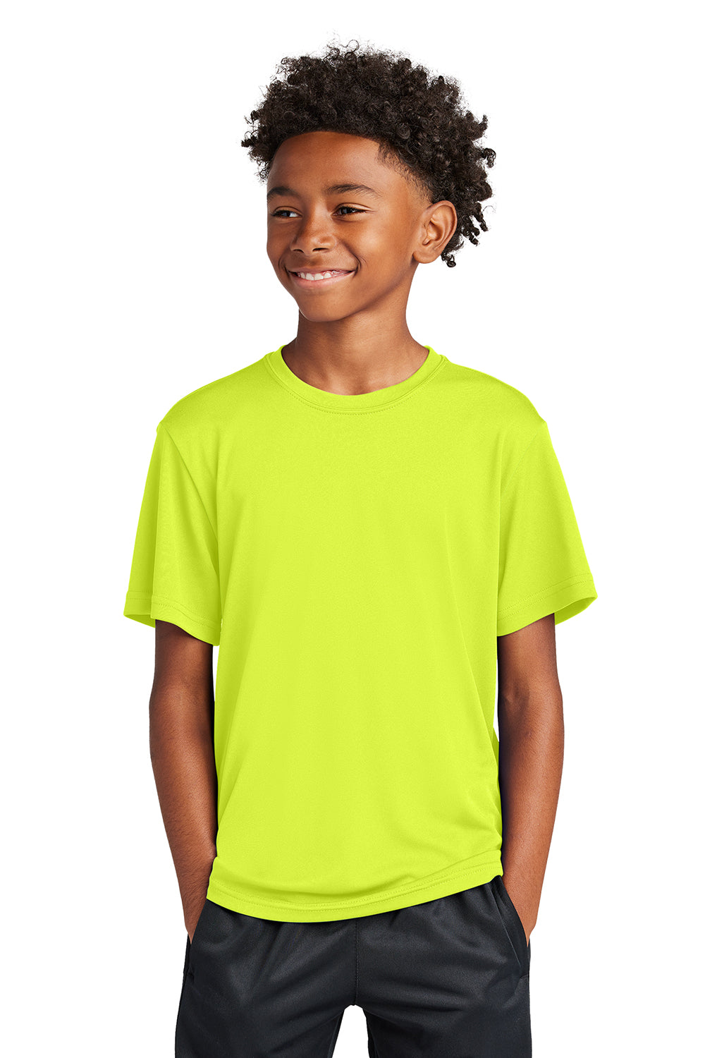 Sport-Tek YST350 Youth Competitor Moisture Wicking Short Sleeve Crewneck T-Shirt Neon Yellow Model Front