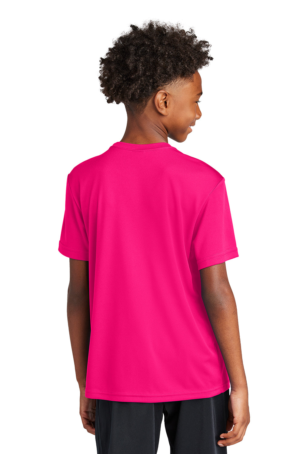 Sport-Tek YST350 Youth Competitor Moisture Wicking Short Sleeve Crewneck T-Shirt Raspberry Pink Model Back