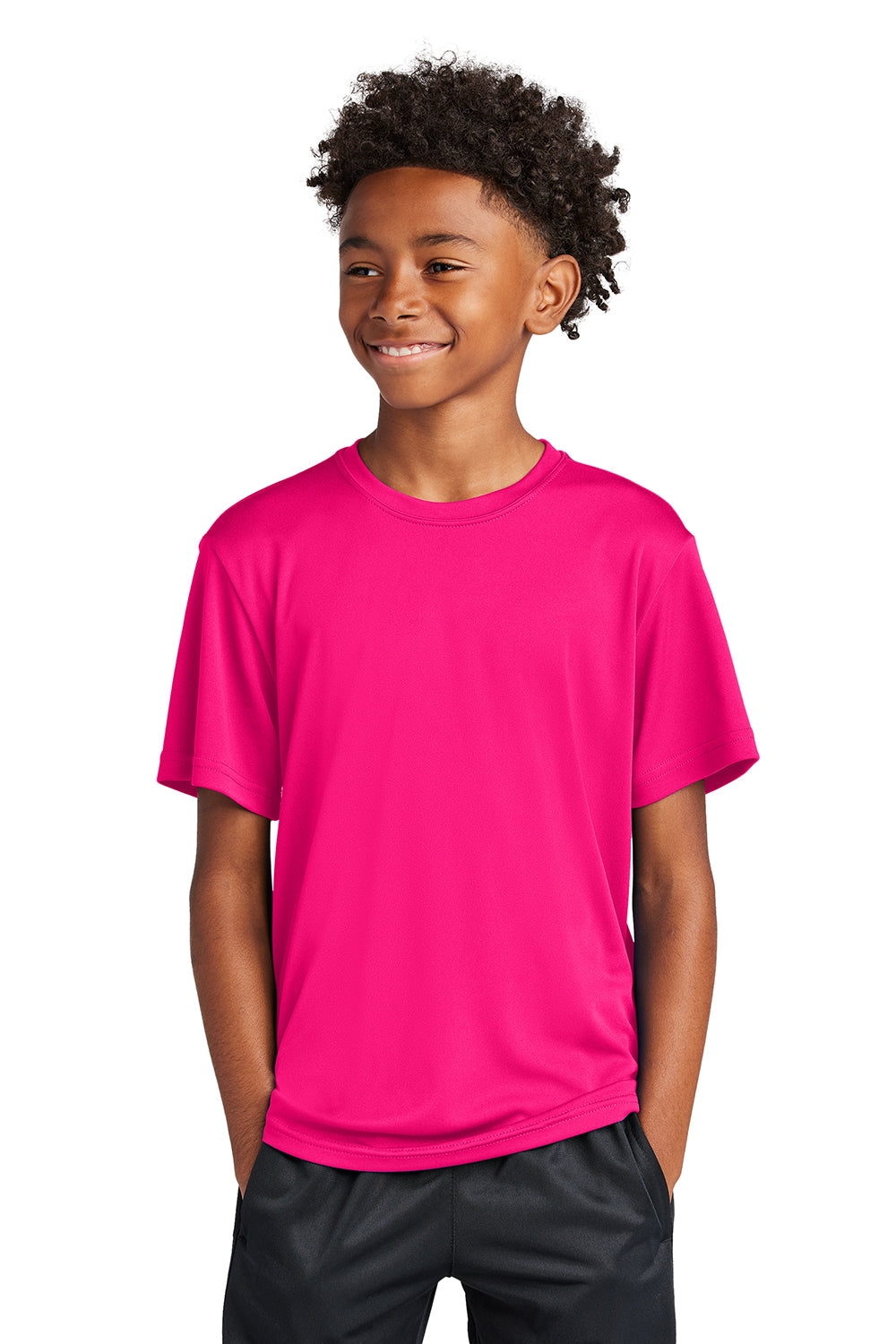 Sport-Tek YST350 Youth Competitor Moisture Wicking Short Sleeve Crewneck T-Shirt Raspberry Pink Model Front