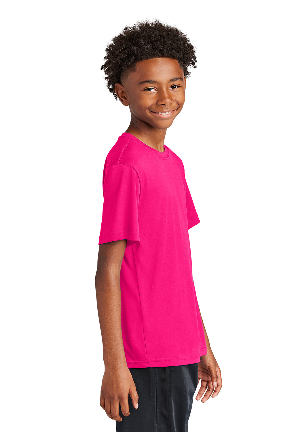 Sport-Tek YST350 Youth Competitor Moisture Wicking Short Sleeve Crewneck T-Shirt Raspberry Pink Model Side