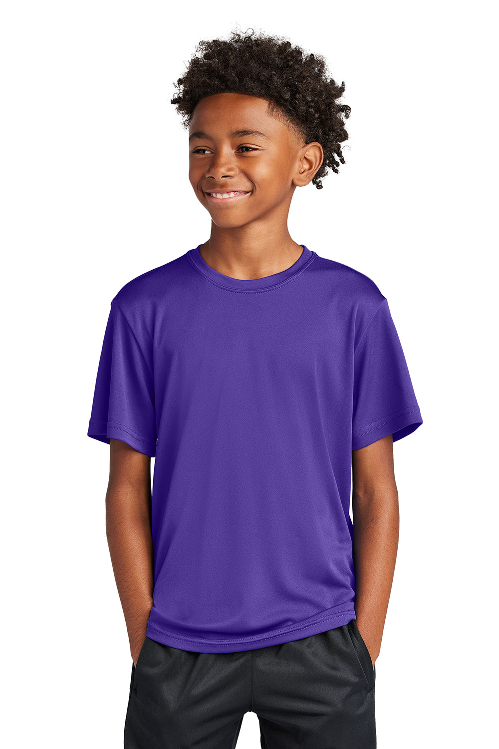 Sport-Tek YST350 Youth Competitor Moisture Wicking Short Sleeve Crewneck T-Shirt Purple Model Front