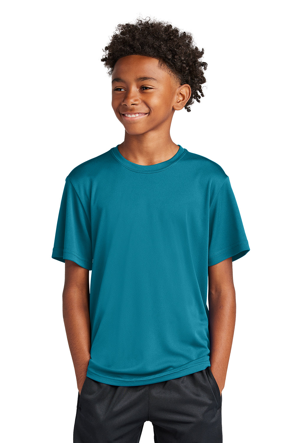 Sport-Tek YST350 Youth Competitor Moisture Wicking Short Sleeve Crewneck T-Shirt Tropic Blue Model Front