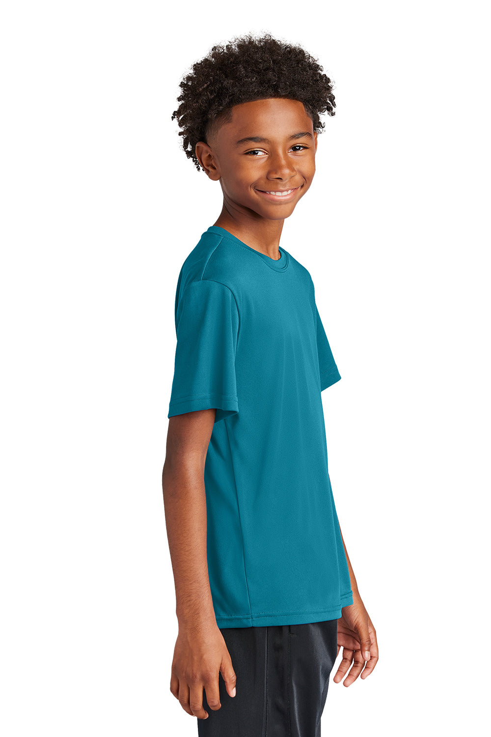 Sport-Tek YST350 Youth Competitor Moisture Wicking Short Sleeve Crewneck T-Shirt Tropic Blue Model Side