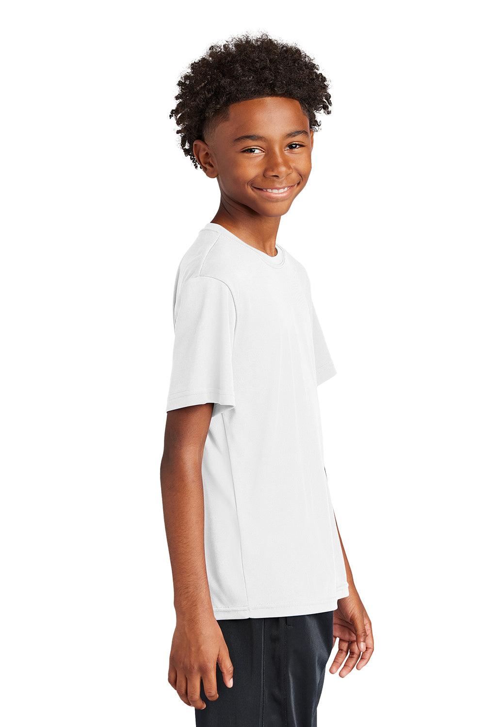 Sport-Tek YST350 Youth Competitor Moisture Wicking Short Sleeve Crewneck T-Shirt White Model Side